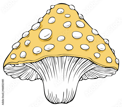 Whimsical cartoon mushroom illustration with yellow cap and white spots