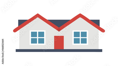 A simple flat design illustration of a detached house with a red roof and door featuring two windows on each side of the entrance