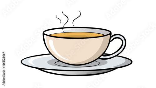 A simple illustration of a beige ceramic cup filled with a warm amber beverage resting on a matching saucer set against a stark black background