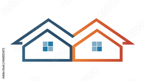 Two stylized houses with contrasting blue and orange roofs and windows are connected in a modern graphic design symbolizing partnership or community living