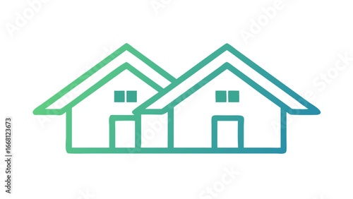 Two simple house icons with a green and blue gradient outline against a black background representing housing or real estate concepts