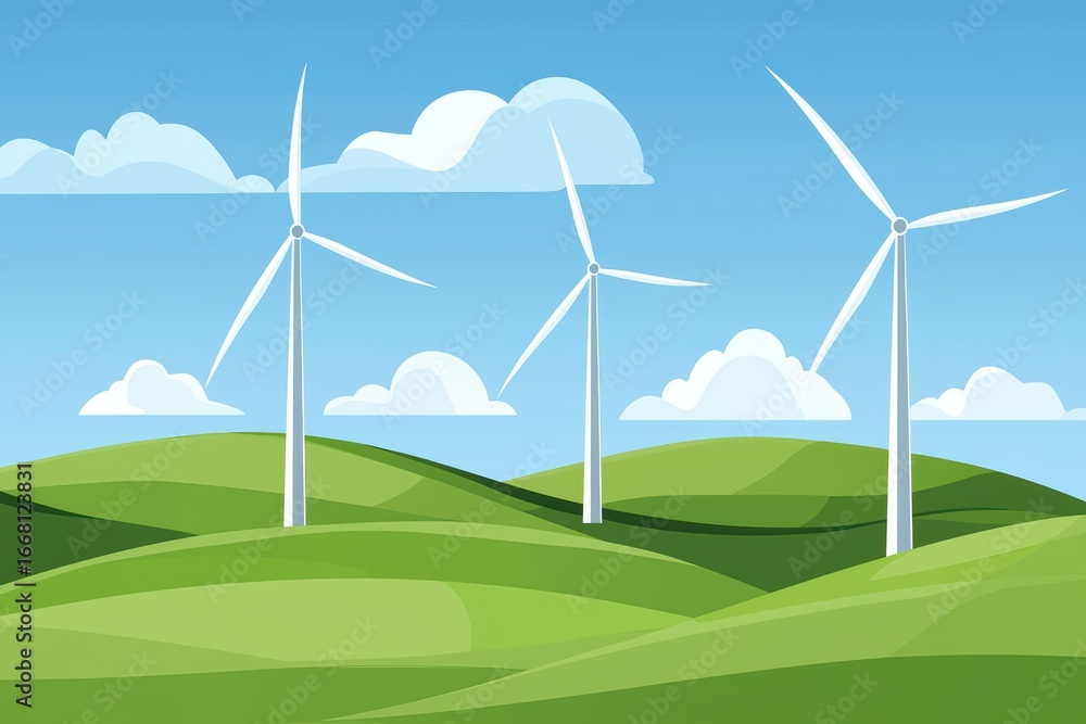 Fototapeta premium Vibrant Landscape with Wind Turbines Under Clear Blue Sky and Soft Clouds at Daytime