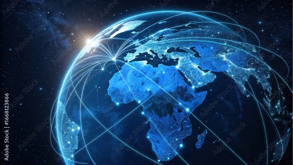 Fototapeta premium Global network connecting continents with bright light lines on dark background
