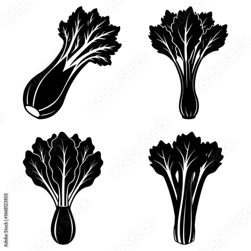 Four black and white vector images of bok choy plants with detailed leaves and stems on a white background