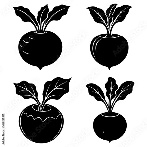 Four black and white illustrations of beets with leaves on a white background in various styles