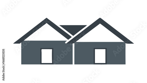 Simple graphic representation of two adjacent houses with dark gray roofs and walls against a solid black background