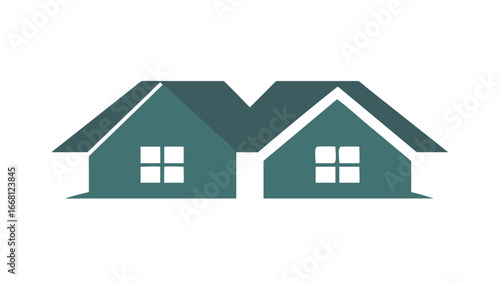 Modern minimalist graphic design of two adjacent teal houses with dark windows and dark roofs against a black background