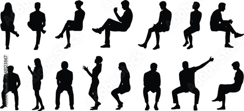 Silhouette set of sitting and standing people, male and female, various poses, casual gestures, social interaction, black vector illustration on white background.