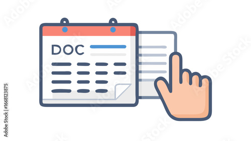 Hand pointing at a document with a calendar and the word doc indicating scheduling or document management tasks