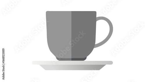Simple flat design illustration of a grey coffee mug with a handle resting on a white saucer against a black background