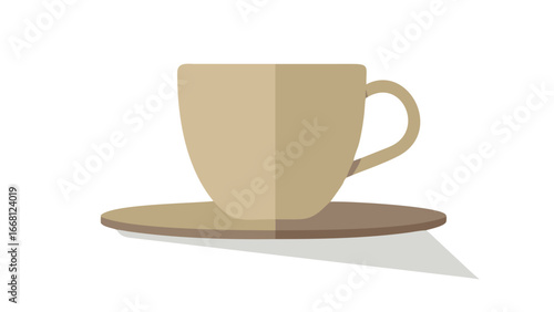 A simple flat design illustration of a beige ceramic coffee cup and saucer casting a long shadow on a black background