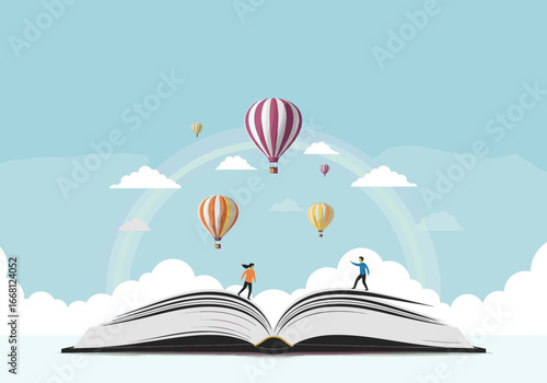 Embark on a journey of imagination and discovery as hot air balloons ascend from an open book carrying people towards a vibrant rainbow in the sky