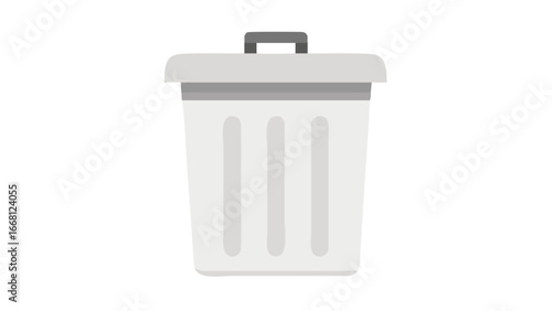 A simple clean and modern flat design illustration of a white trash can with a grey lid and handle isolated on a black background