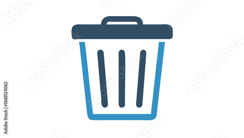 A simple flat design icon of a blue and dark gray trash can with a handle and a lid isolated on a black background for digital use
