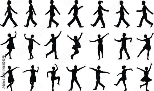 Silhouettes of walking and dancing people, casual and elegant movement poses, group character actions, isolated vector illustrations for design, motion concept art.
