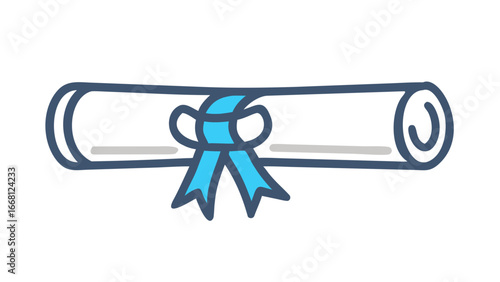 A stylized illustration of a rolled diploma or certificate tied with a blue ribbon and bow symbolizing academic achievement and graduation