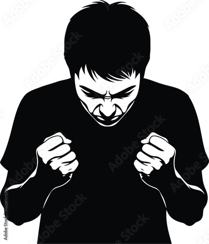 Vector art of a man with an angry expression, clenching his fists in frustration