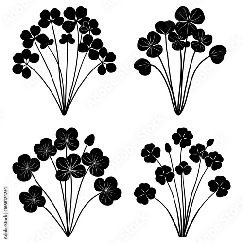 Illustration of four black clover bouquets with varying flower counts and stem arrangements on white background