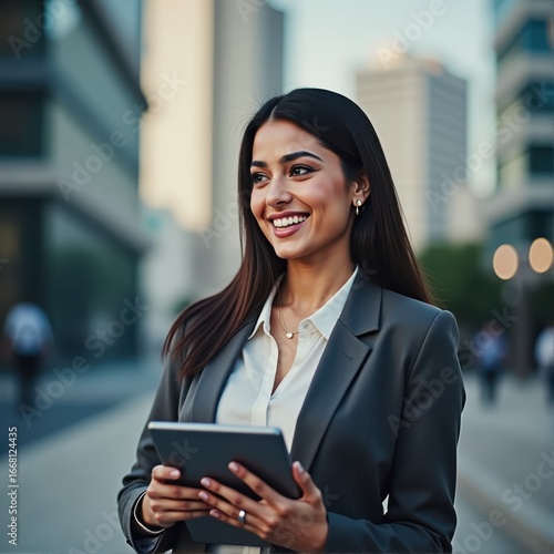 Portrait of middle eastern businesswoman using tablet pc app standing at office business building outdoors smiling indian or latin hispanic woman holding digital computer looking aside copy space 