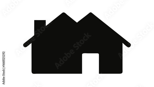 A simple black silhouette of a house with a chimney and a door represents home ownership and real estate concepts
