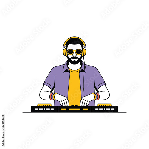 Bearded dj wearing sunglasses and headphones mixing music on a deck