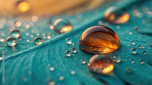 Closeup of water droplets on a teal feather with beautiful reflections
