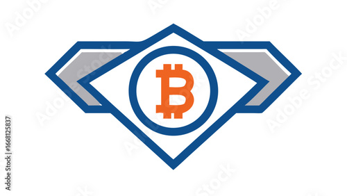 Stylized bitcoin logo with a shield emblem and abstract geometric design in blue and orange on a black background representing digital currency security and investment