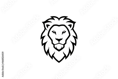 Bold white stylized lion head logo with a thick mane and beard on a stark black background representing strength and power