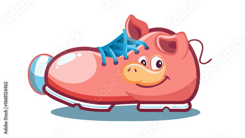 A whimsical cartoon illustration of a pink pig shaped like a roller skate with a friendly face and blue laces on a black background