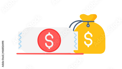 A stylized illustration of a money bag and a roll of cash both featuring dollar signs on a black background symbolizing wealth and financial success
