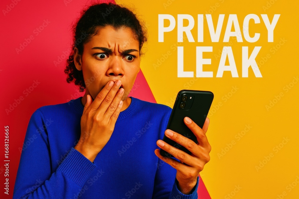 © Render Republic - Shocked woman reacting to privacy leak on phone. Use for online fraud prevention, cybersecurity campaigns, IT safety visuals, or data breach awareness. © Render Republic - Shocked woman reacting to privacy leak on phone. Use for online fraud prevention, cybersecurity campaigns, IT safety visuals, or data breach awareness.