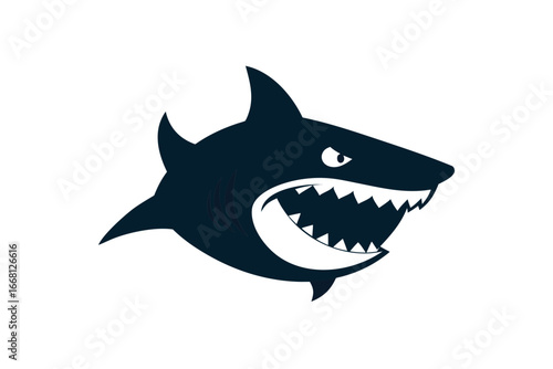 Aggressive dark blue shark with sharp white teeth and angry eyes on a black background