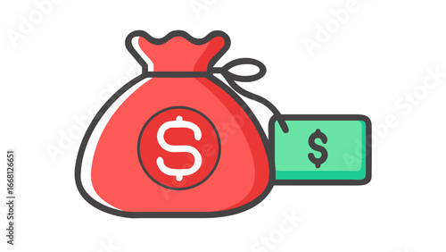 A simple flat design illustration of a red money bag with a white dollar sign and a green banknote with a dollar sign on a black background