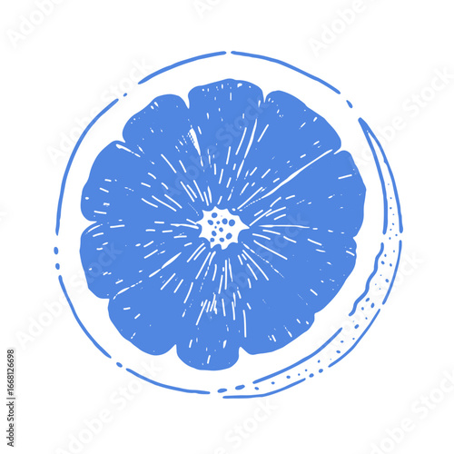 Minimalist hand-drawn vector sketch of a juicy orange slice in blue. It is suitable for clean, modern designs, from juice labels to health blogs or refreshing summer graphics.