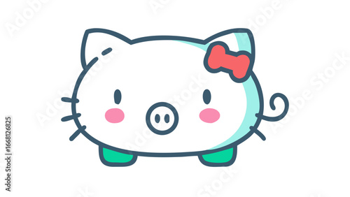 Cute cartoon black pig with pink cheeks and a red bow on its head wearing green shoes isolated on a black background