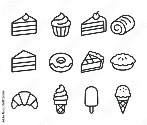 Outlined dessert icons featuring cakes, cupcakes, and ice cream