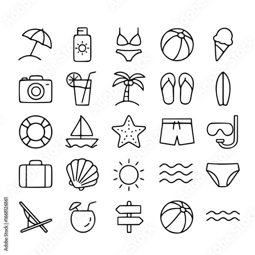 Icon pack, icon sheet, beach theme, outline version