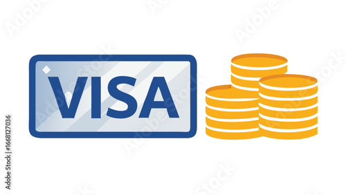 Visa credit card with stacks of gold coins symbolizing financial transactions and wealth accumulation for online shopping and payments