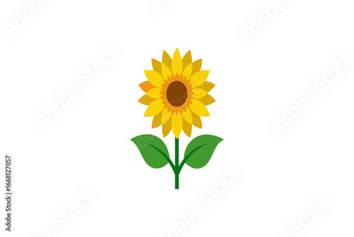 A vibrant yellow sunflower with green leaves and a brown center stands tall against a stark black background
