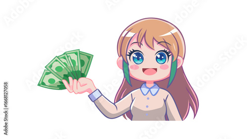 Joyful anime girl character holding a fan of green banknotes with a big smile and sparkling blue eyes expressing wealth and happiness