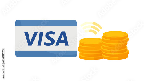Visa contactless payment symbol with stacks of gold coins representing financial transactions and digital currency exchange