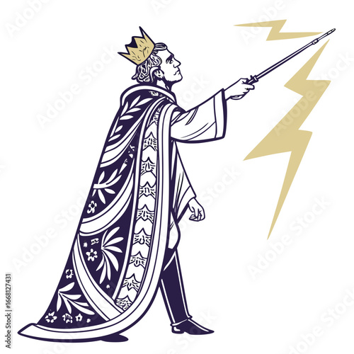 Majestic king in ornate robes commands lightning with a wand symbolizing power and authority
