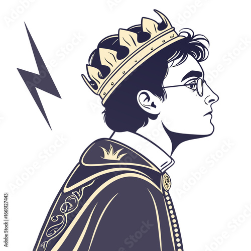Stylized illustration of a young wizard wearing a golden crown and ornate cape with a lightning bolt symbol in the background evoking royalty and magic