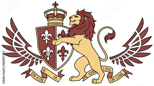 Majestic lion holding a heraldic shield with fleur de lis and crown above surrounded by wings and a banner with latin text