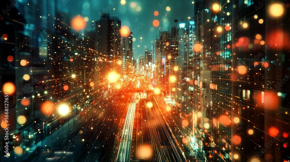 Fototapeta premium A glowing city backdrop with dynamic light lines and bokeh effect, ideal for technological presentations and creative projects.