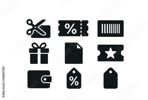 Black silhouette icons for shopping and discounts: scissors, coupons, barcode, wallet, tags, gift
