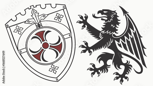 Medieval heraldic shield with a sword and a stylized cross symbol alongside a black griffin creature in a graphic illustration style