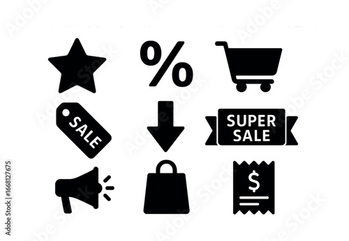 Wallpaper Mural Black shopping icons: star, sale tag, cart, megaphone, bag, receipt, sale sign, percentage symbol Torontodigital.ca