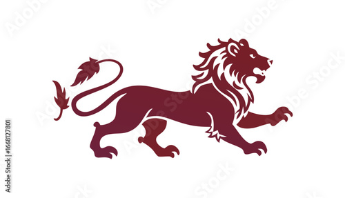 Majestic heraldic lion silhouette in a proud walking pose with a flowing mane and tail against a stark black background symbolizing power and royalty