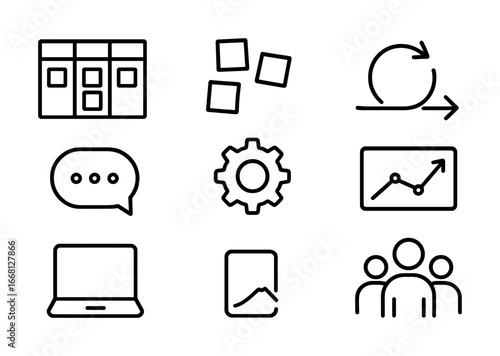 Agile workflow icons: kanban, scrum, chat, gear, graph, laptop, teamwork